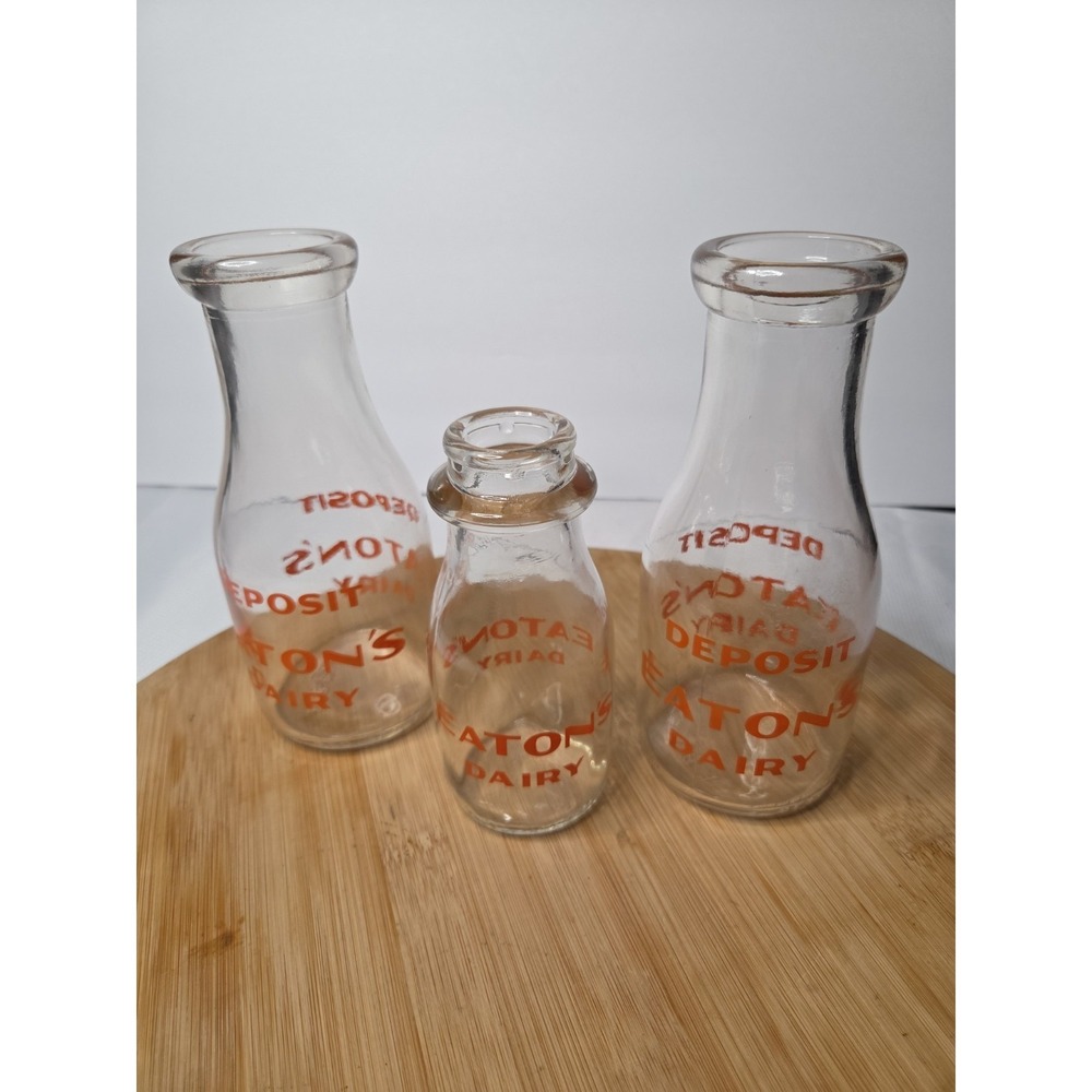 Vintage Eatons Dairy Milk Bottle Lot of 3 Allegany NY Orange Pyro Glaze 1962 69